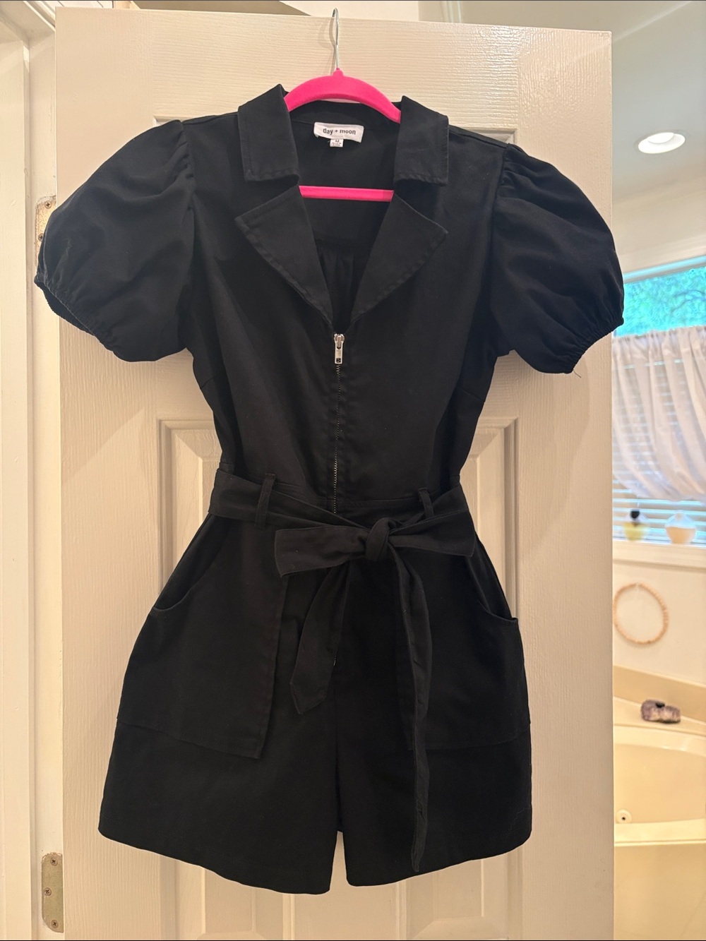 DAY + MOON Boxy Puff-Sleeve Black Romper with Tie Belt